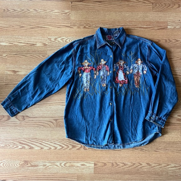 KEREN Hart vintage scarecrow appliqué denim button up - Picture 1 of 5